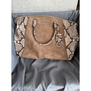 Michael Kors Brown Suede Snakeskin Embossed Leather Satchel Crossbody Bag